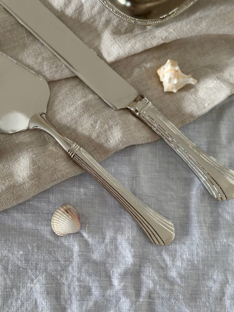 Silver cake server set on a textured surface with shells.