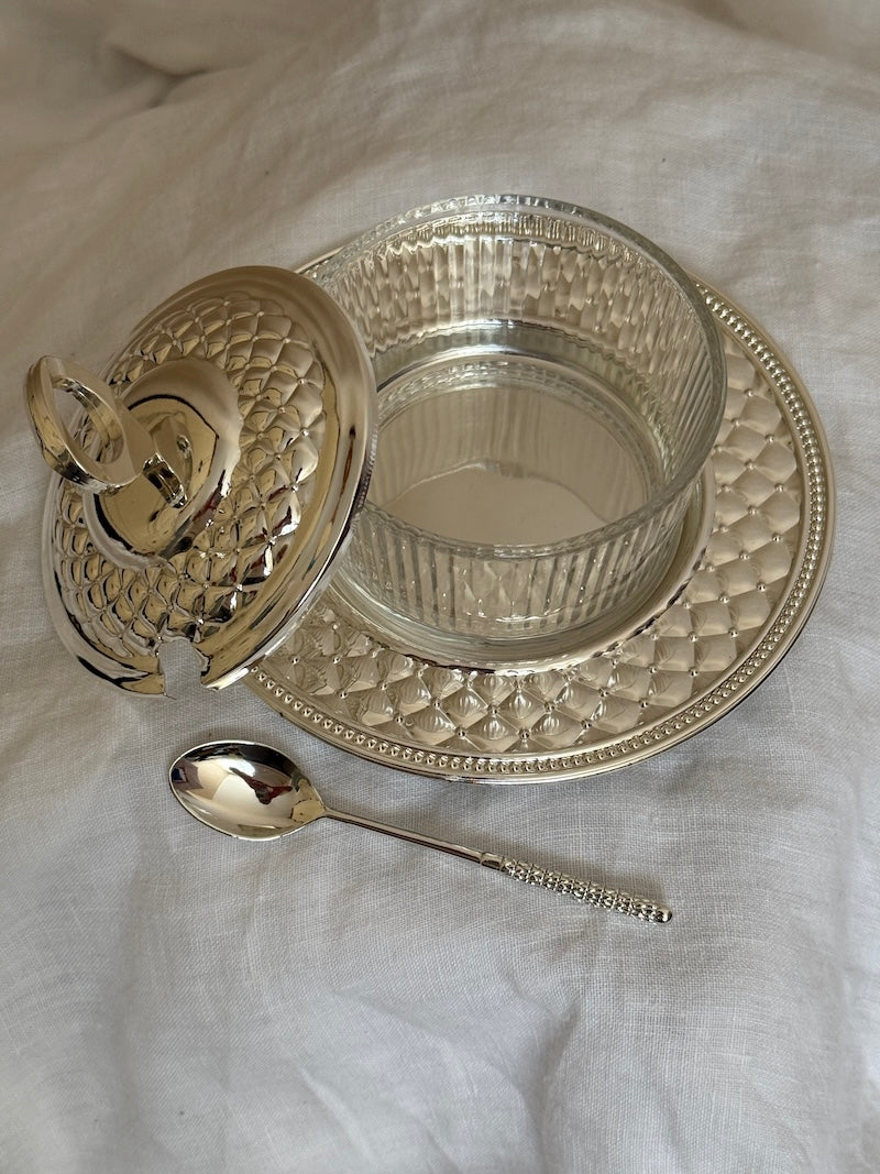 Côte d'Azur Silver-Plated Serving Set with Glass Bowl, Lid, and Spoon