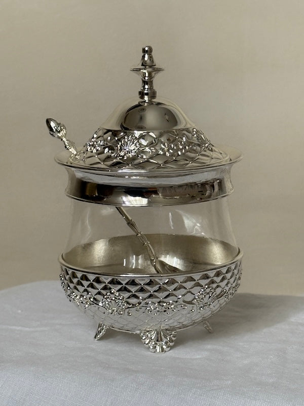 Côte d'Azur Silver-Plated and Glass Sugar Serving Dish with Lid and Spoon