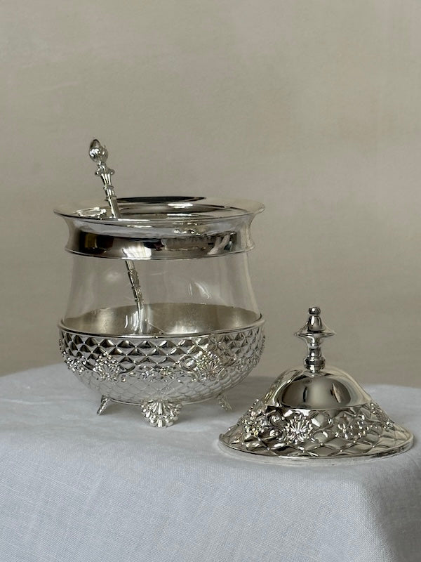 Côte d'Azur Silver-Plated and Glass Sugar Serving Dish with Lid and Spoon