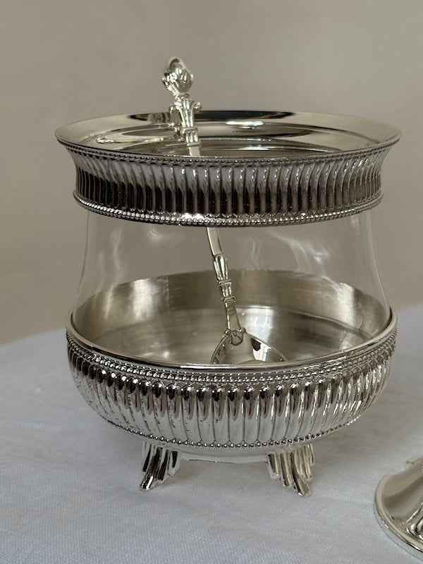 Umbria Silver-Plated and Glass Sugar Serving Dish with Lid and Spoon