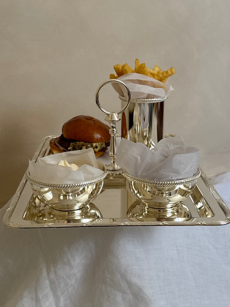 Umbria Silver-Plated Serving Bowls with Carry Handle and Delicate Embellishments