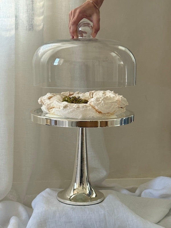 Calabria Large Round Cake Stand with Glass Dome and Nickel-Plated Base